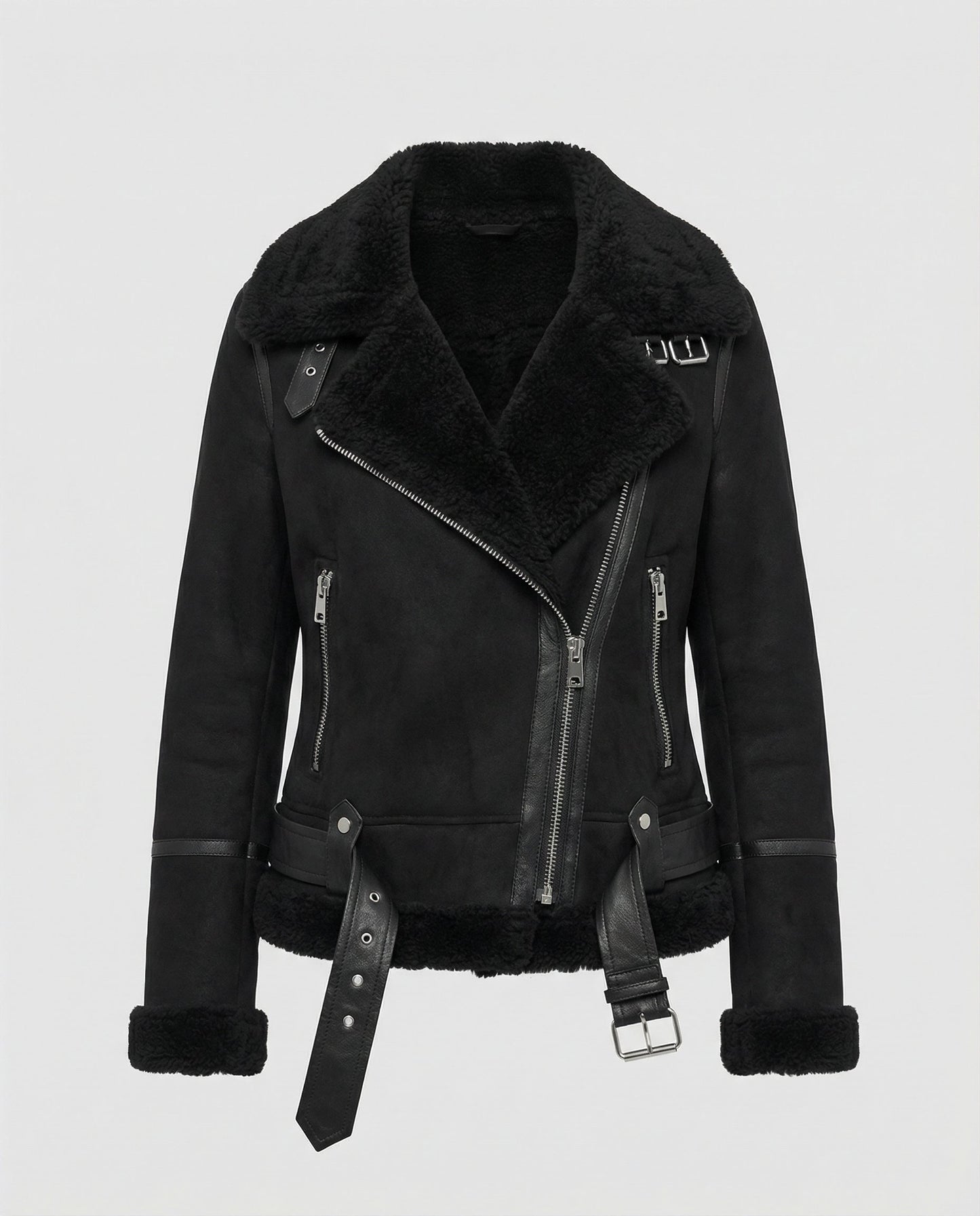 suede jacket with sherpa lining and asymmetrical zip design