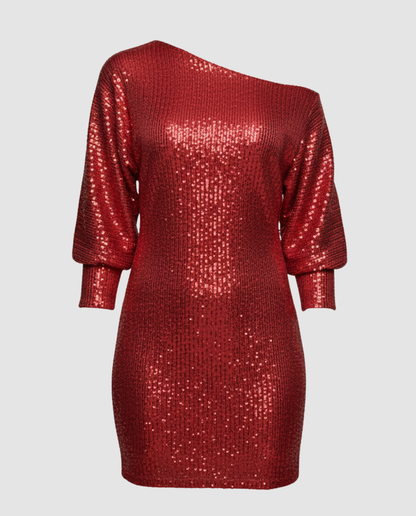 one shoulder mini dress with shiny finish and statement silhouette