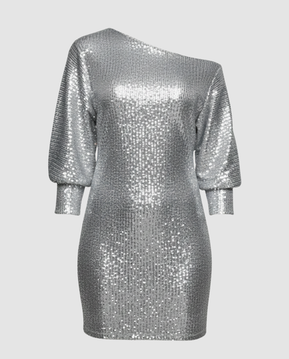 one shoulder mini dress with shiny finish and statement silhouette