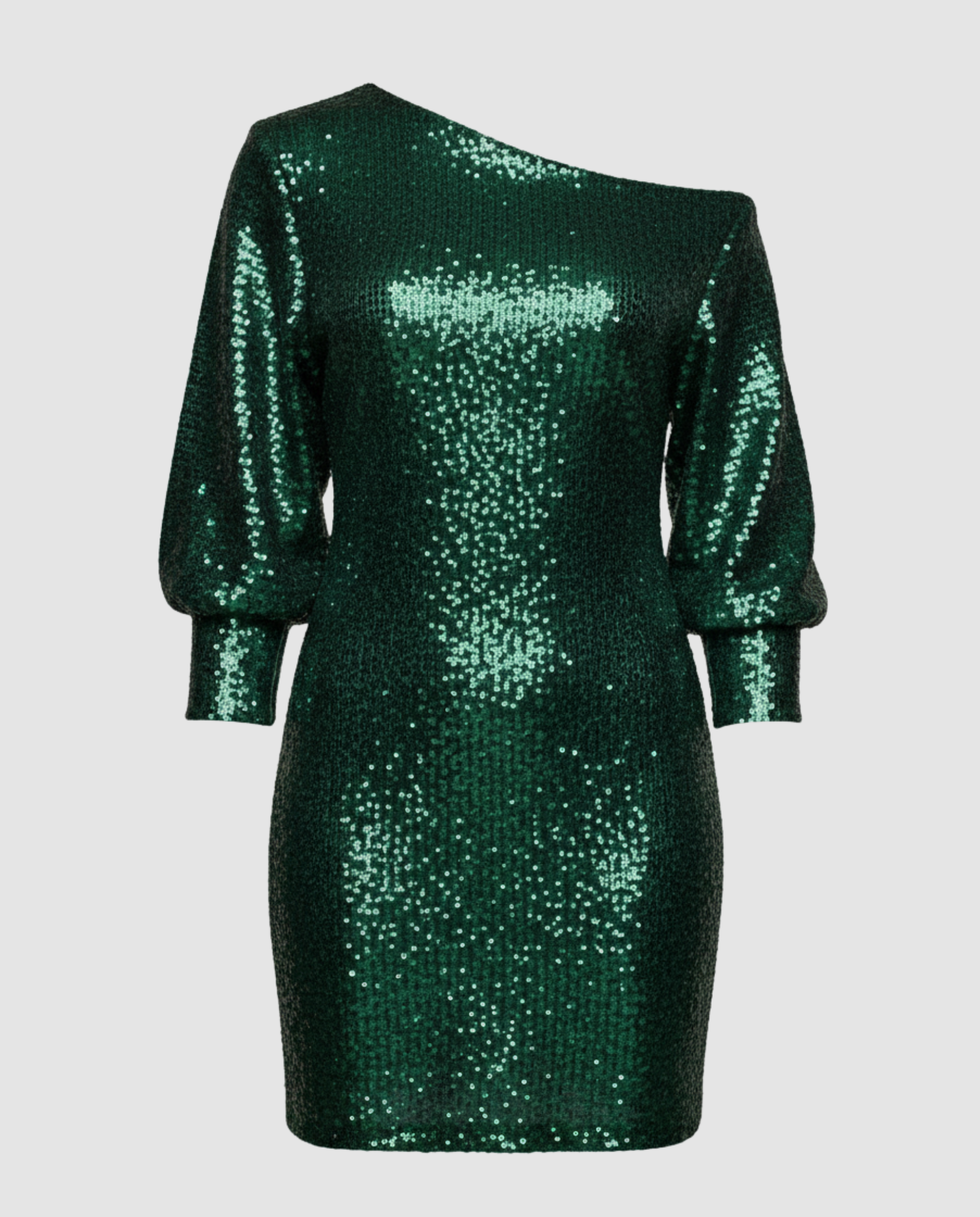 one shoulder mini dress with shiny finish and statement silhouette