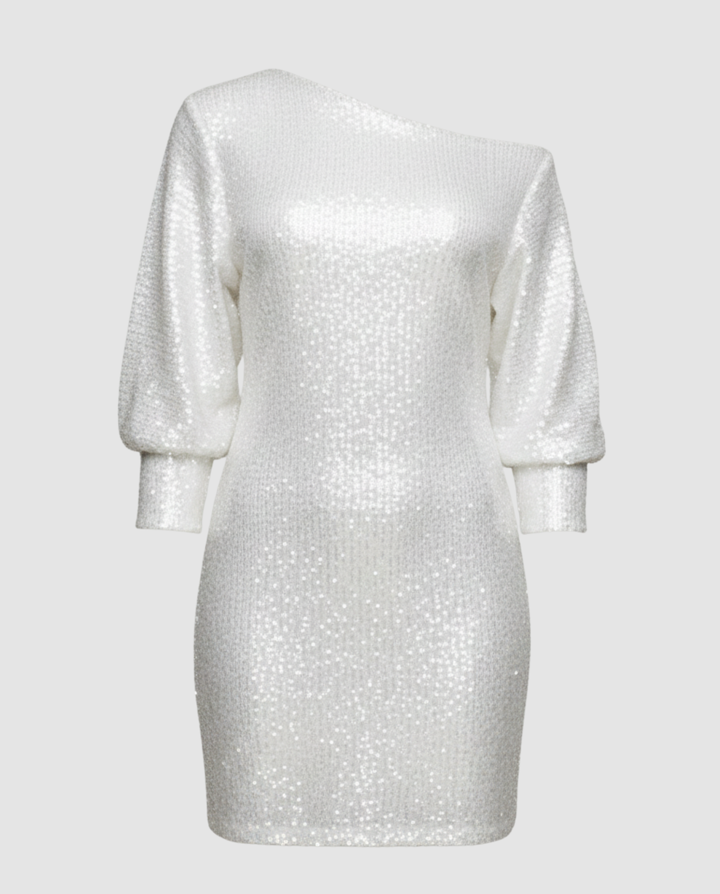 one shoulder mini dress with shiny finish and statement silhouette