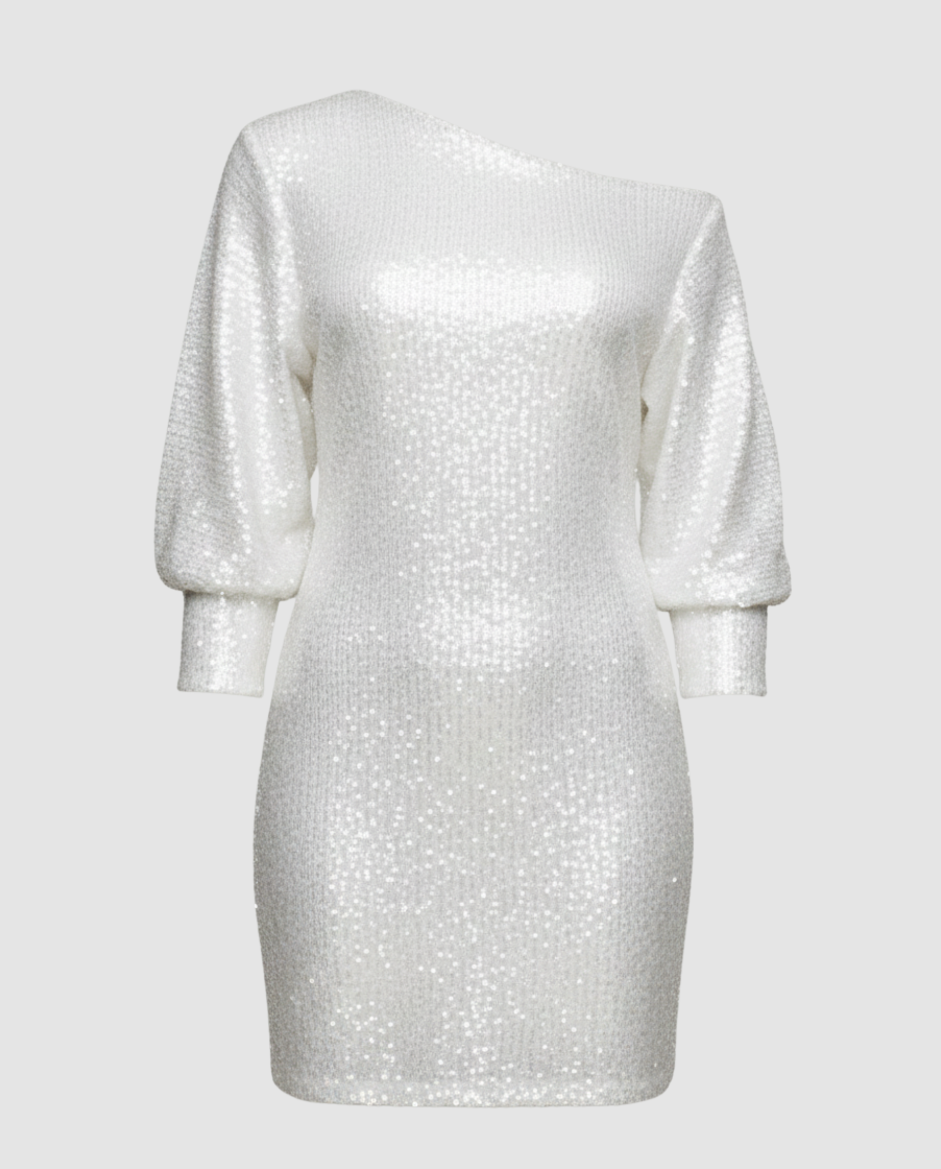one shoulder mini dress with shiny finish and statement silhouette