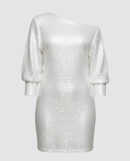 one shoulder mini dress with shiny finish and statement silhouette