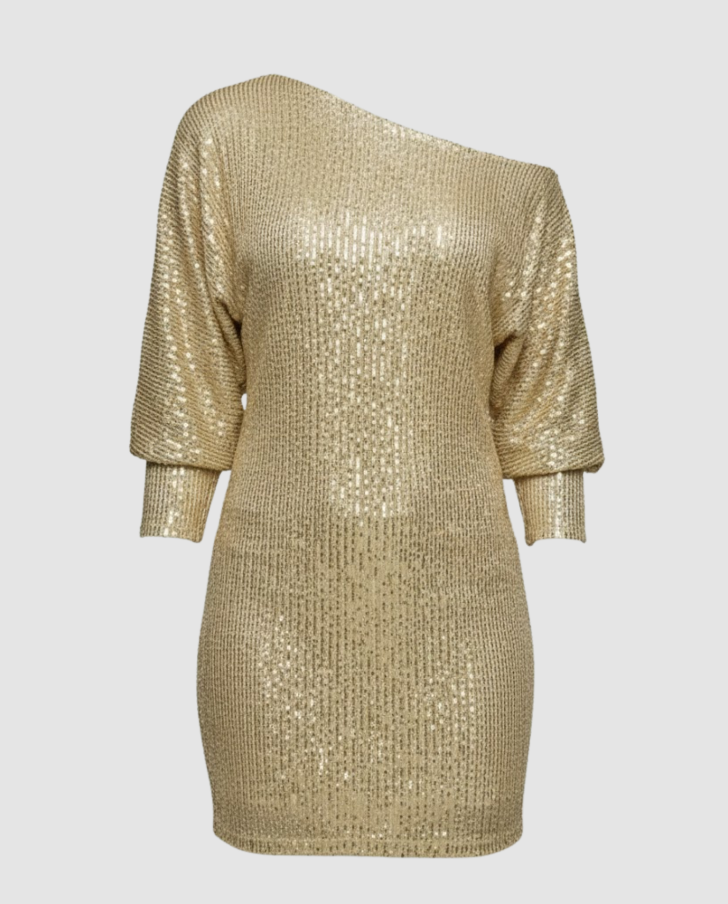 one shoulder mini dress with shiny finish and statement silhouette
