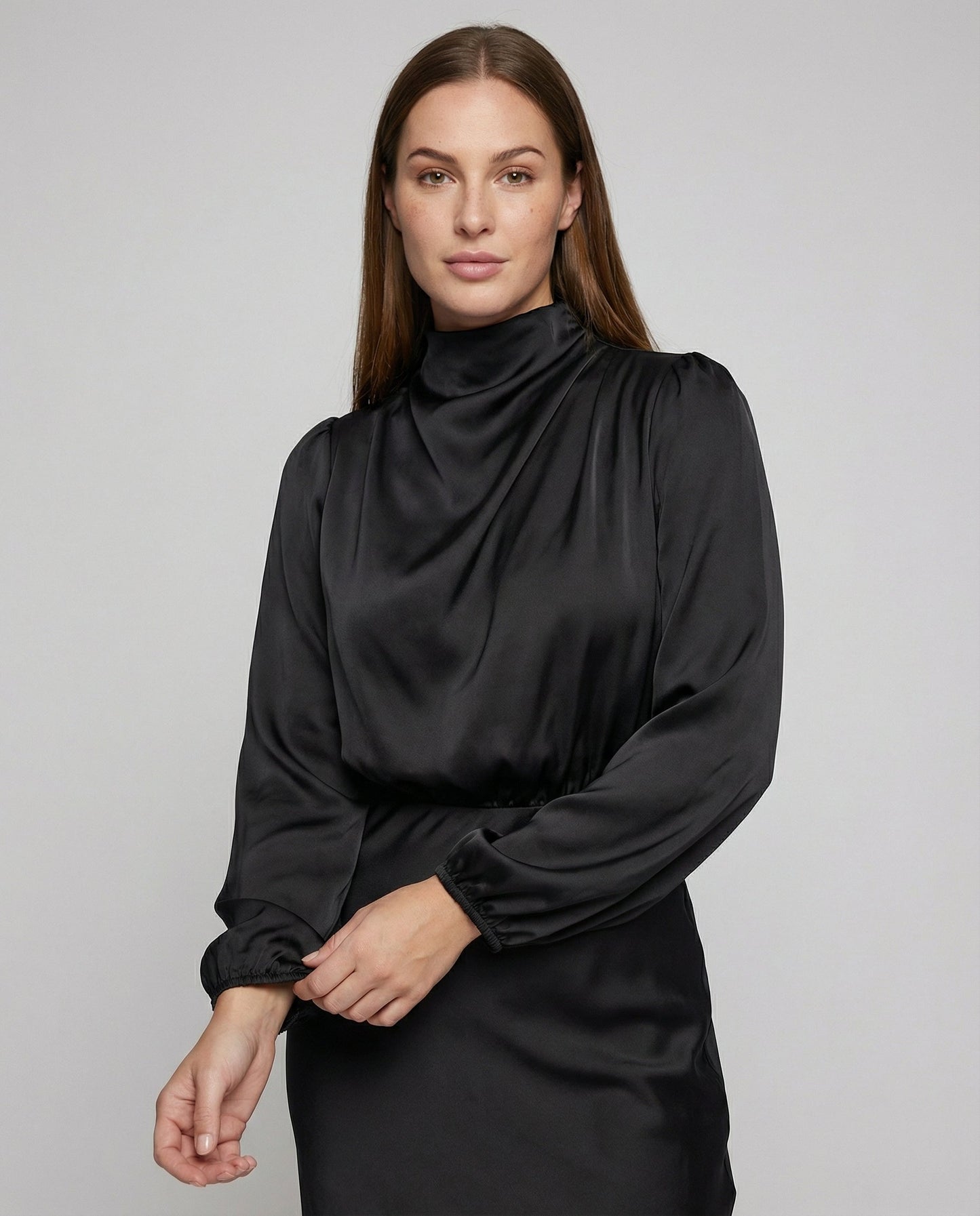 satin dress with smooth draped fit and long sleeves