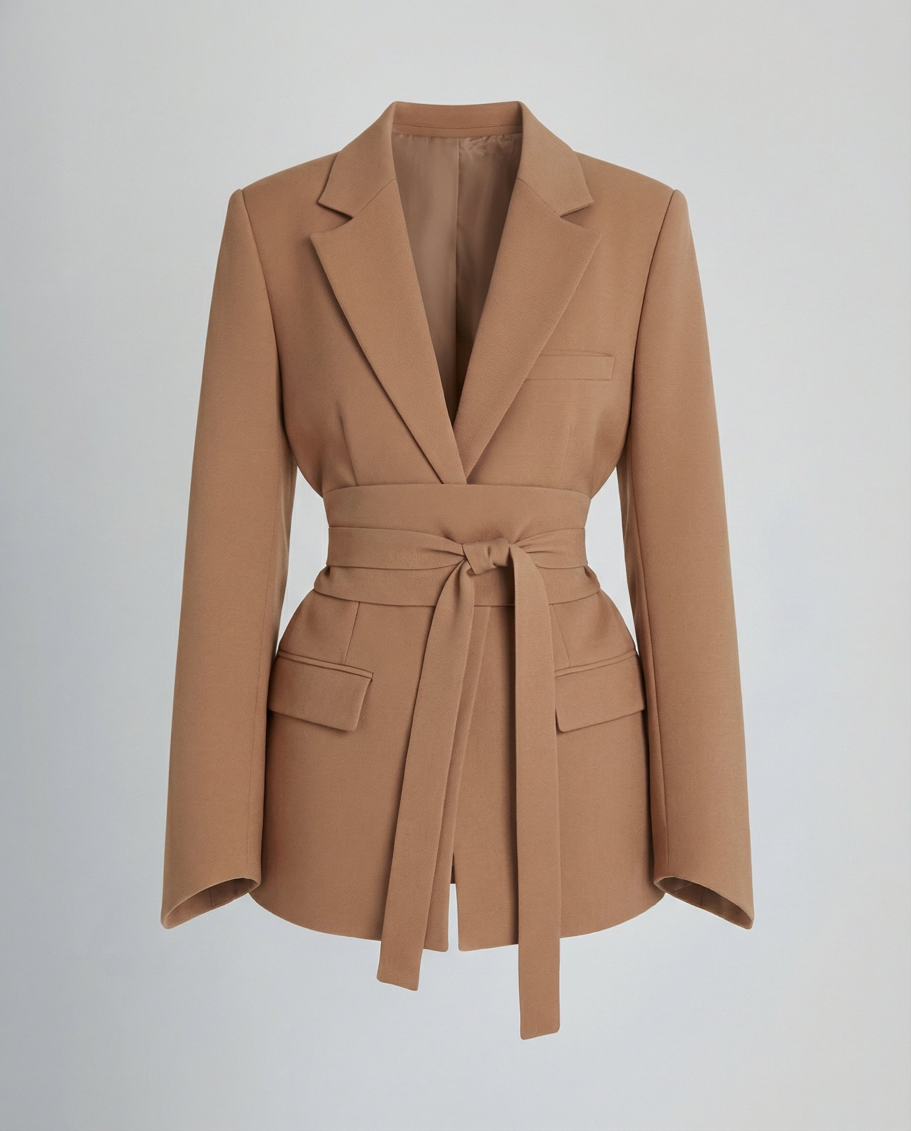 belted blazer with tailored waist-defining silhouette and structured design