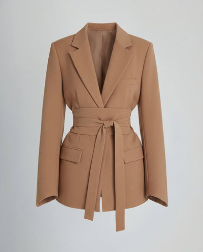 belted blazer with tailored waist-defining silhouette and structured design