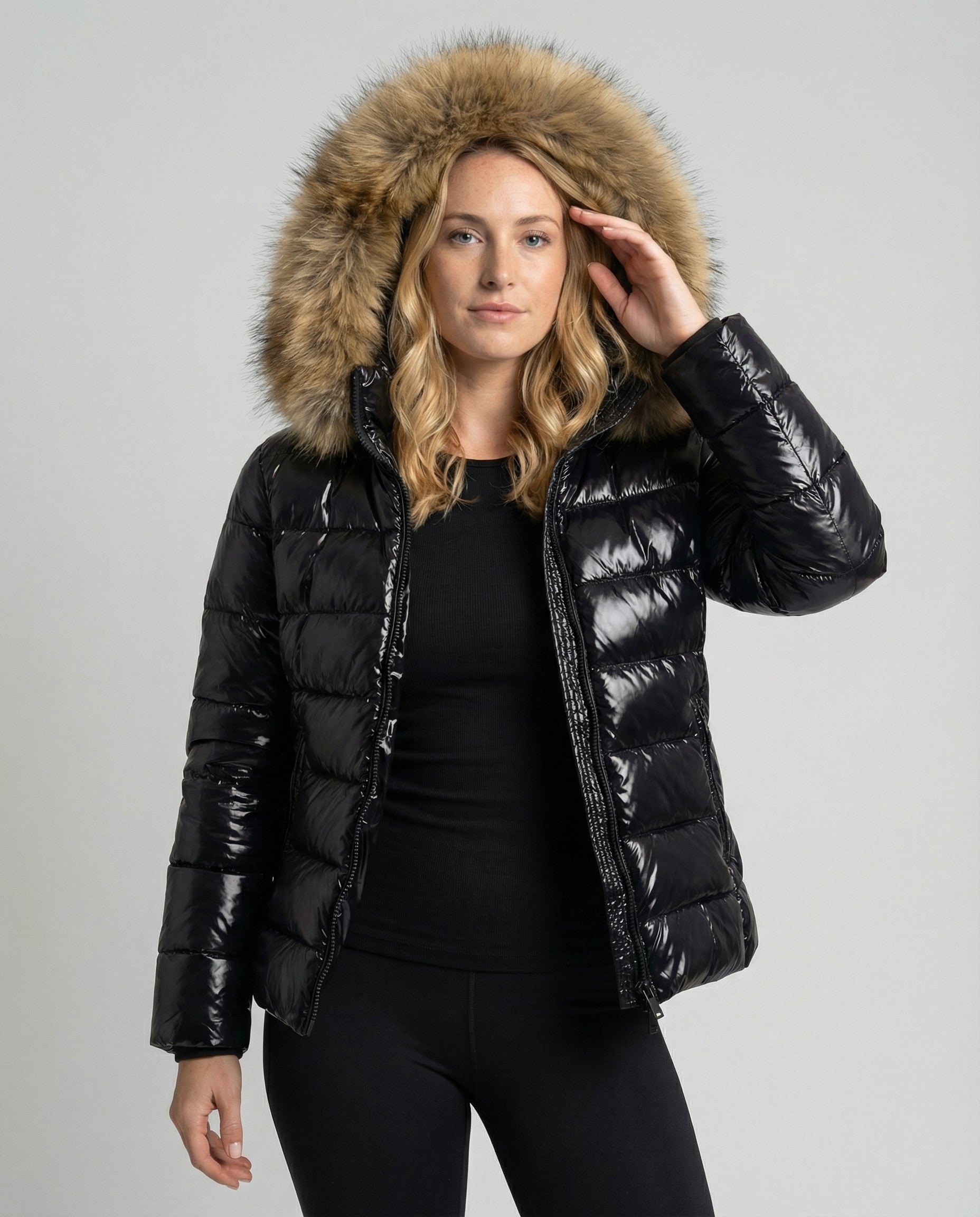 winter jacket with faux fur collar and insulated cold-weather design