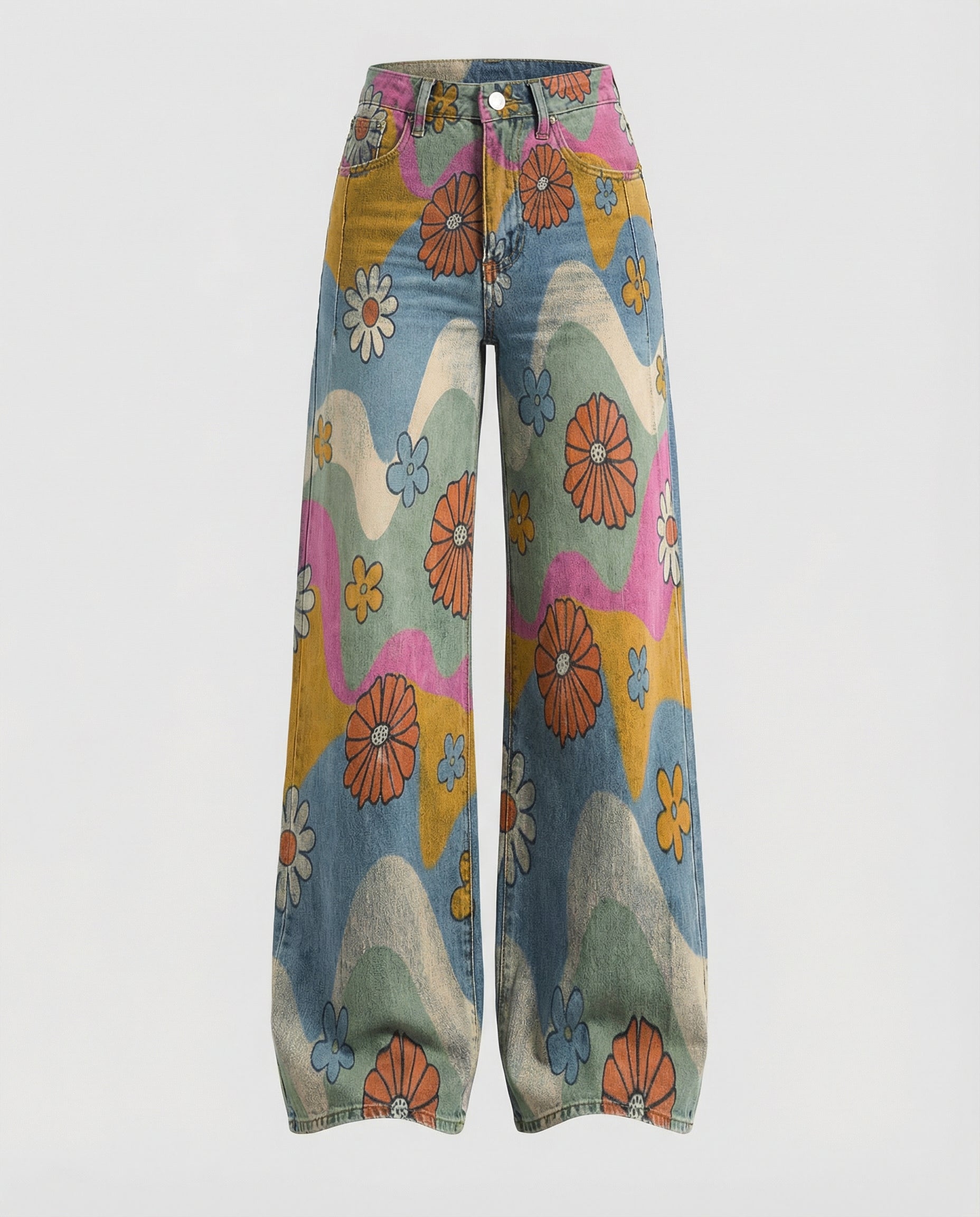 floral wide-leg jeans with high-waisted design and relaxed fit