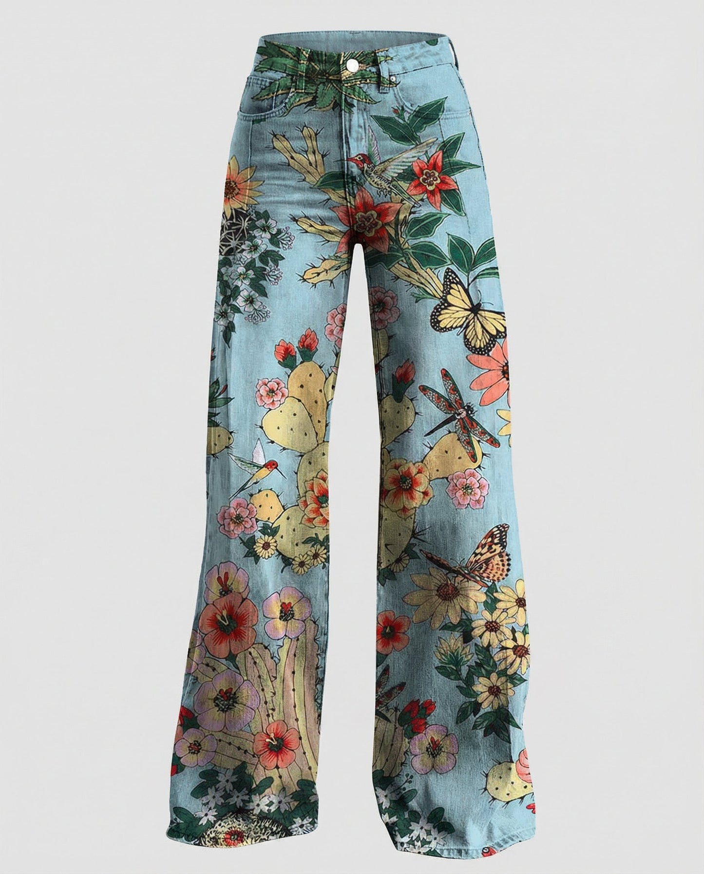 floral wide-leg jeans with high-waisted design and relaxed fit