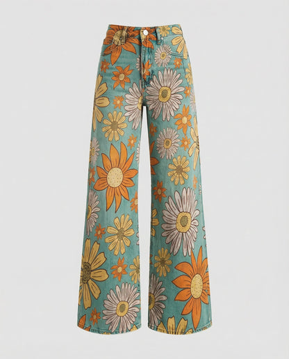 floral wide-leg jeans with high-waisted design and relaxed fit