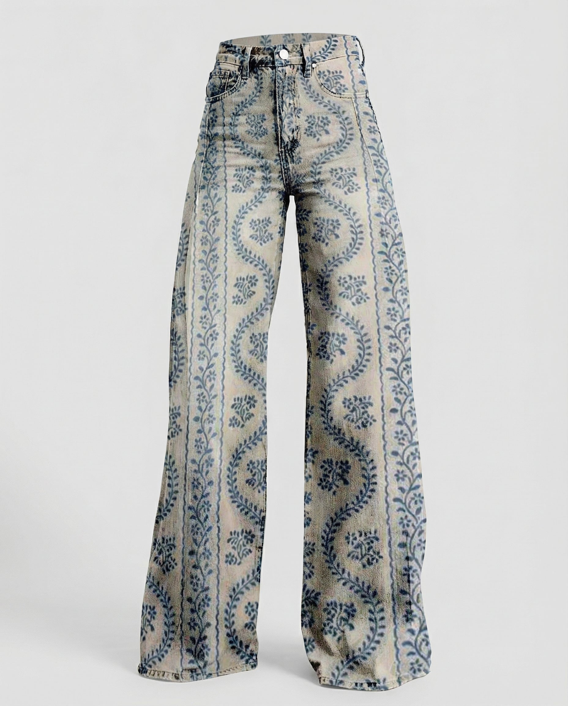 floral wide-leg jeans with high-waisted design and relaxed fit