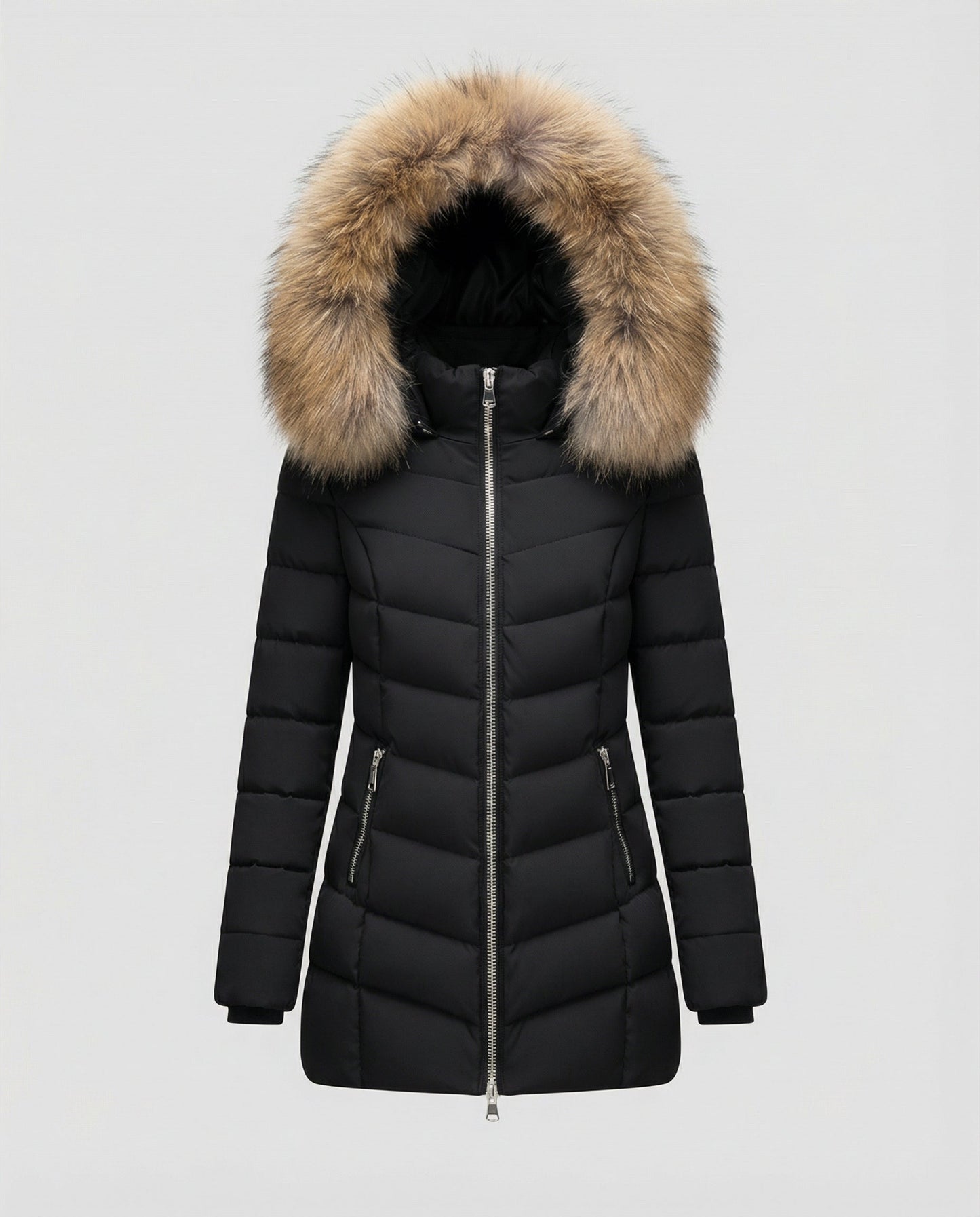 down jacket with faux fur collar and insulated warm-fit design