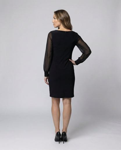 elegant mini dress with structured fit and semi-sheer long sleeves