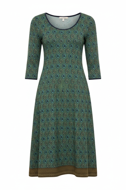 boho midi dress with flowing silhouette and three-quarter sleeves