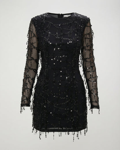 fringe sequin dress with elegant statement silhouette and shimmering finish