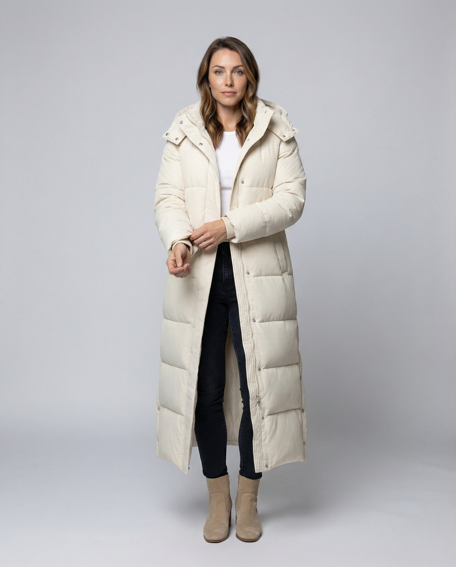 long quilted jacket with extra-length design, vertical quilting