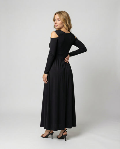 evening maxi dress with flowing silhouette and high thigh slit
