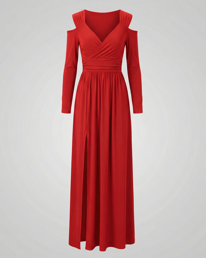evening maxi dress with flowing silhouette and high thigh slit