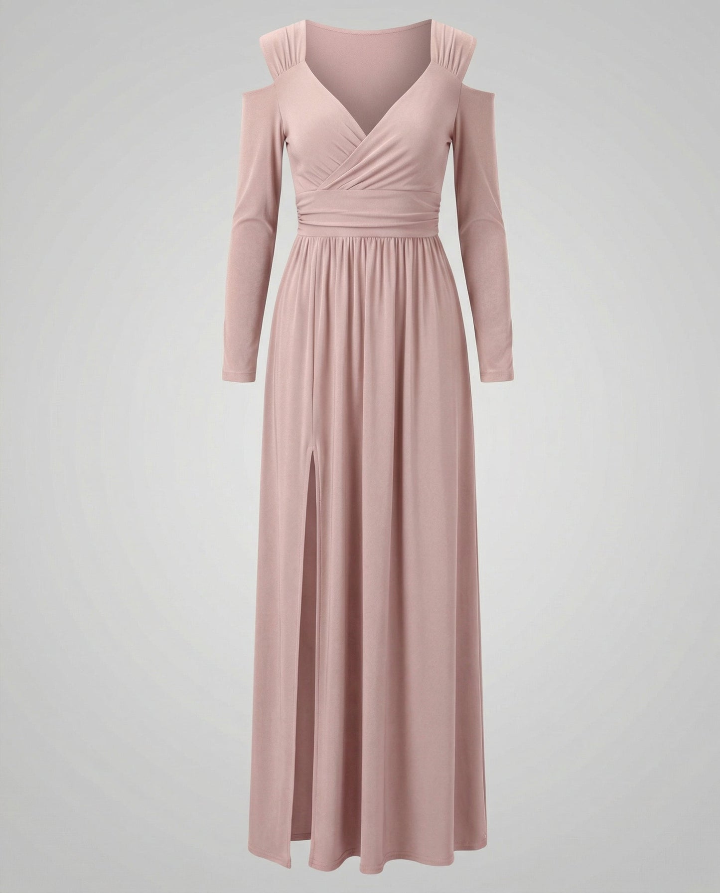 evening maxi dress with flowing silhouette and high thigh slit