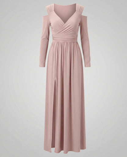 evening maxi dress with flowing silhouette and high thigh slit