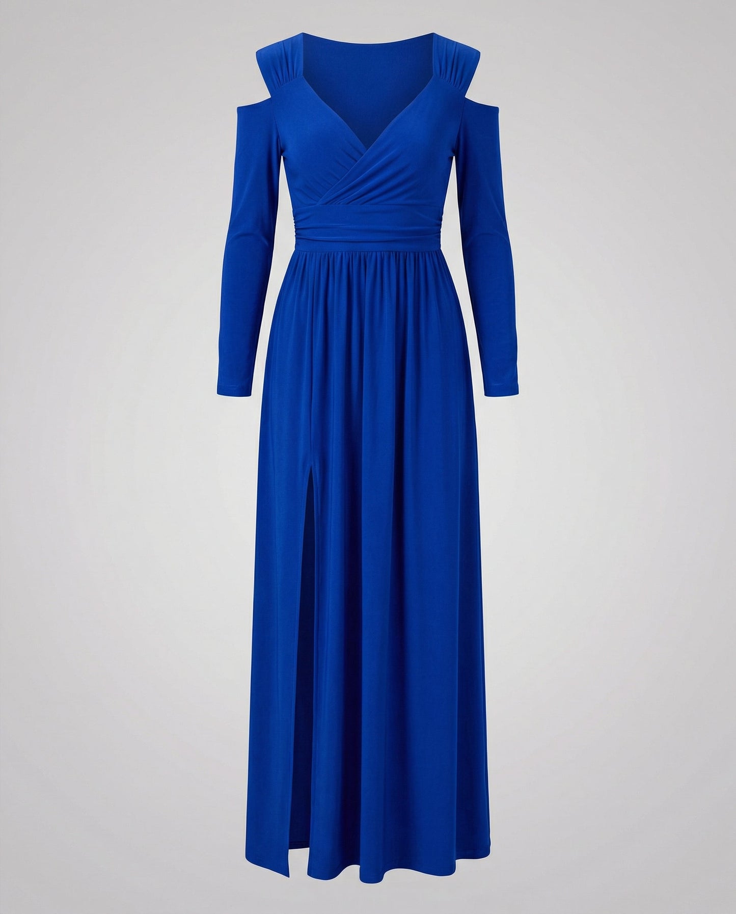 evening maxi dress with flowing silhouette and high thigh slit