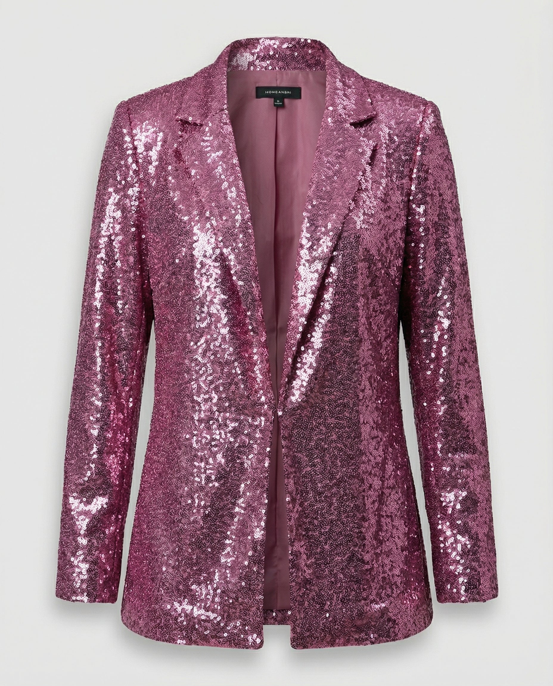 sequin blazer with padded shoulders, open front design, and fully lined construction.