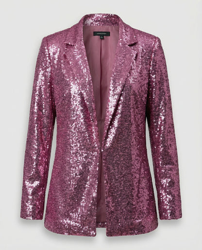 sequin blazer with padded shoulders, open front design, and fully lined construction.