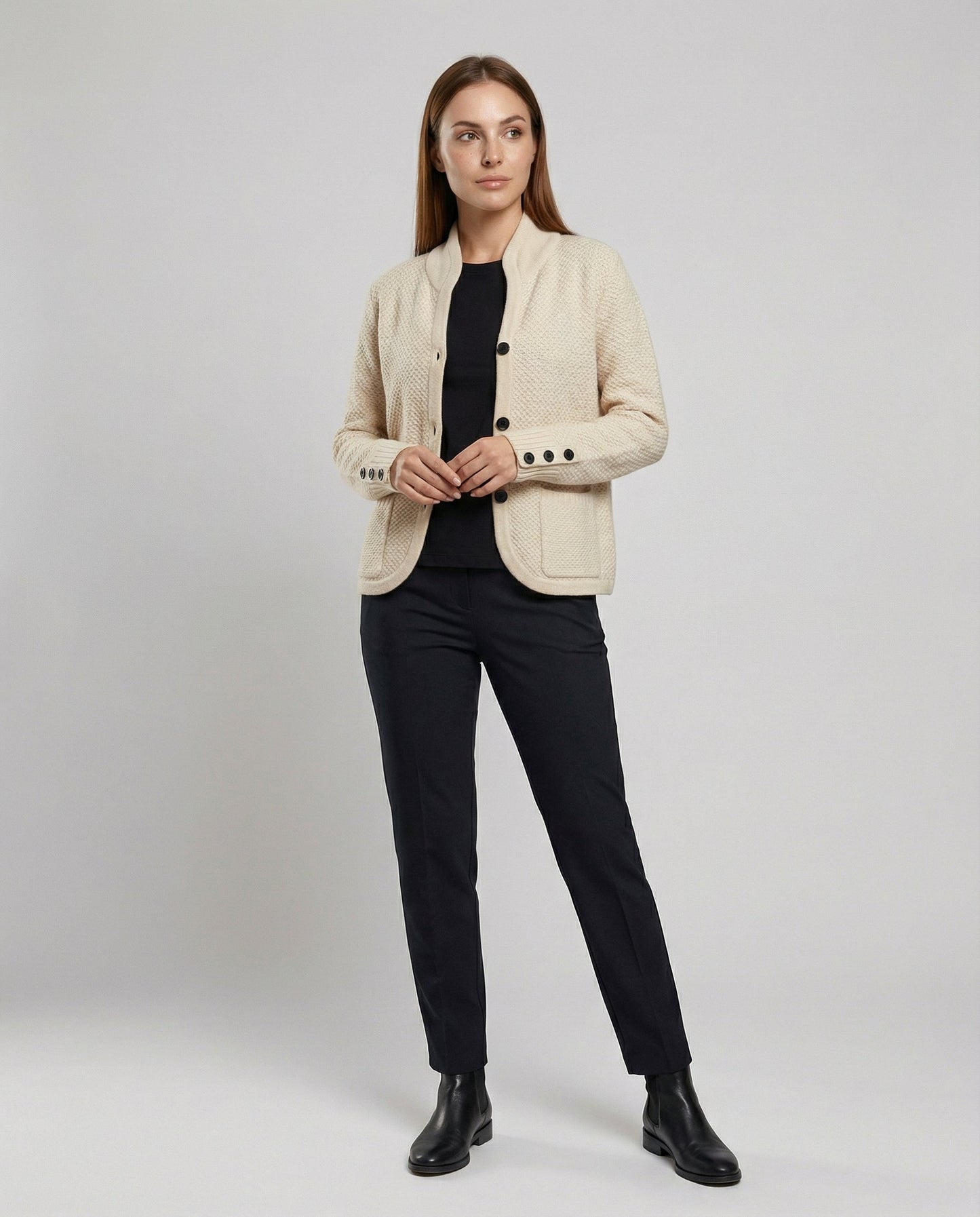 knit cardigan with soft fine-knit texture and button-front design