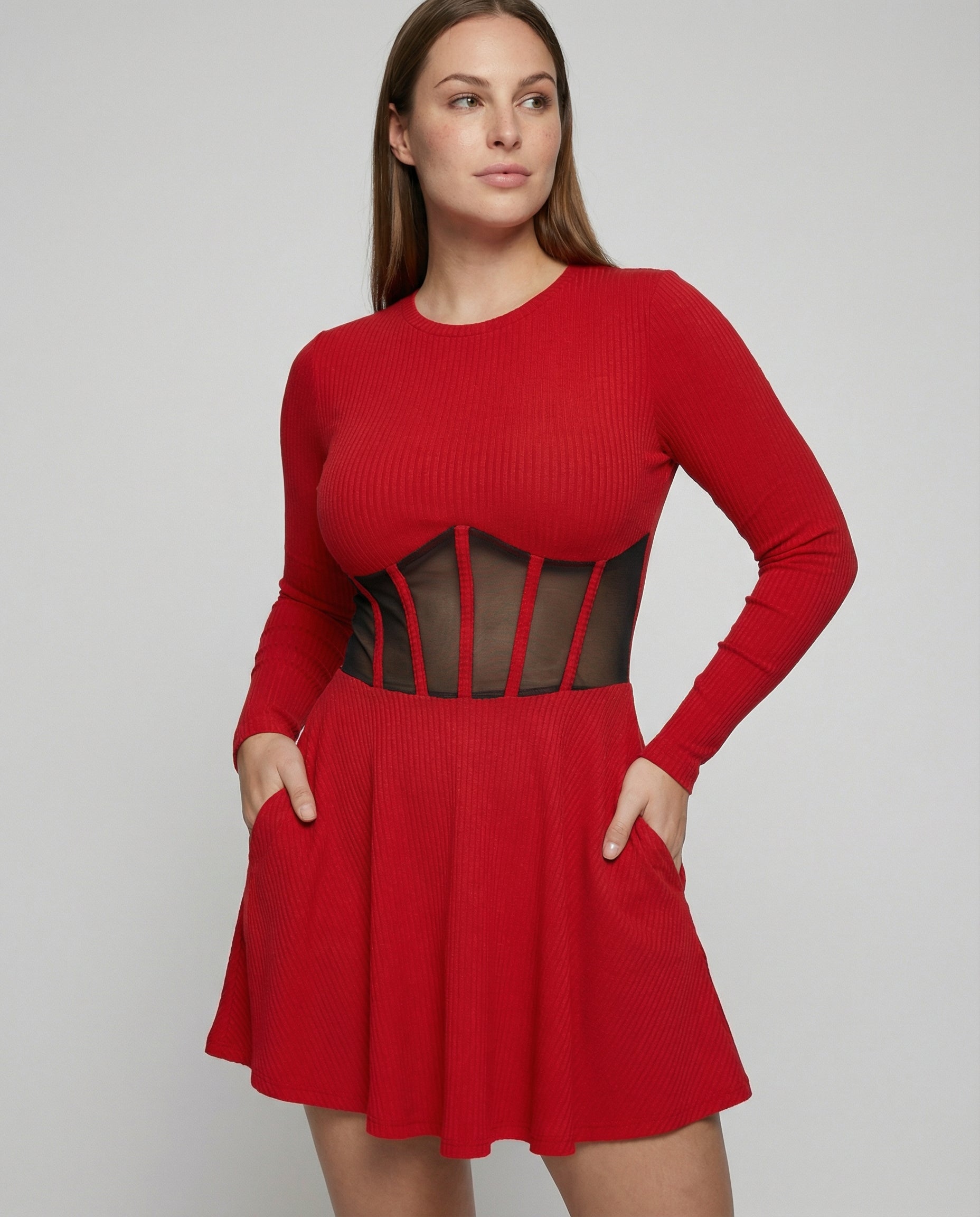 panelled mini dress with structured fit and sheer detailing