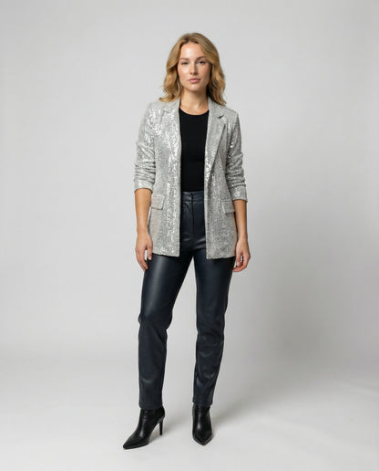 sequin blazer with elegant statement fit and structured silhouette